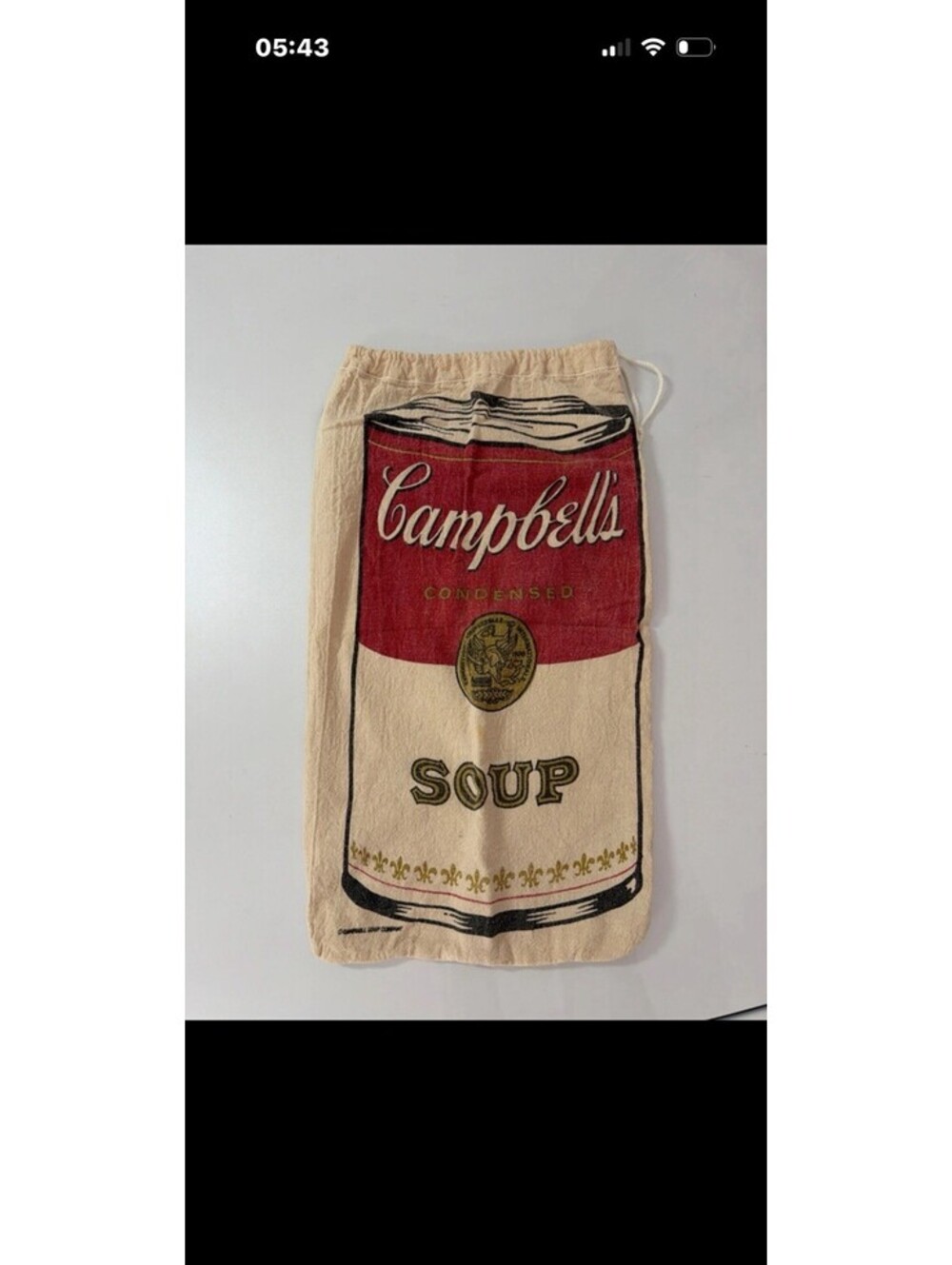 Vintage Andy Warhol Campbell Soup Pop Art Drawstring Beach Laundry Bag 28"x17"
